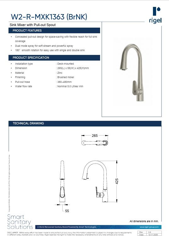 RIGEL W2-R-MXK1363 (BrNK) Kitchen Mixer Tap with Pull-out Spout | Brushed Nickel