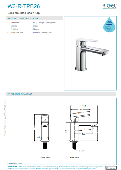RIGEL W3-R-TPB26 Basin Tap