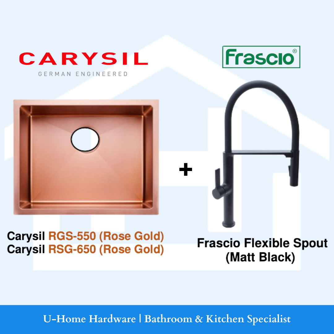 An advertisement image featuring a rose gold CARYSIL RGS-550 / RSG-650 kitchen sink and a matte black Frascio flexible spout sink mixer, with the logos of the brands prominently displayed.