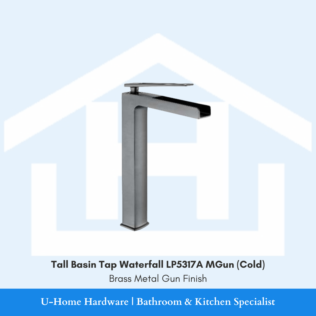 A professional product shot of a 165mm waterfall basin tap featuring a sophisticated, brushed Metal Gun finish and a minimalist cylindrical body