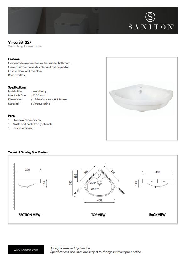 Vinca SB1327 Wall-Hung Basin (Corner) product features, product specifications and technical drawings, including parts included with purchase.
