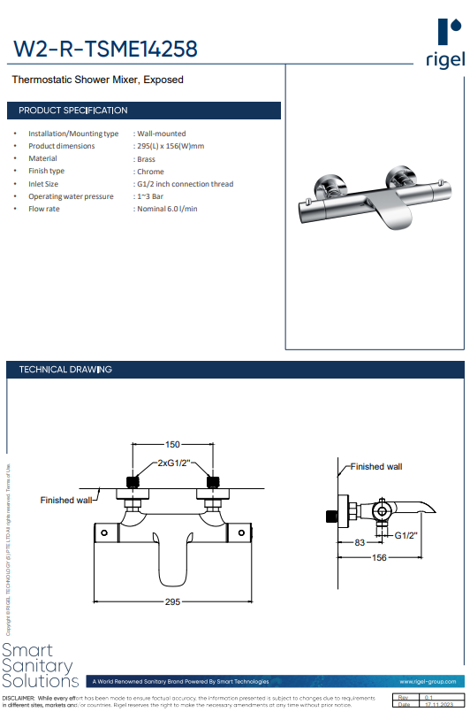 Technical specifications and diagram of a Rigel thermostatic shower mixer