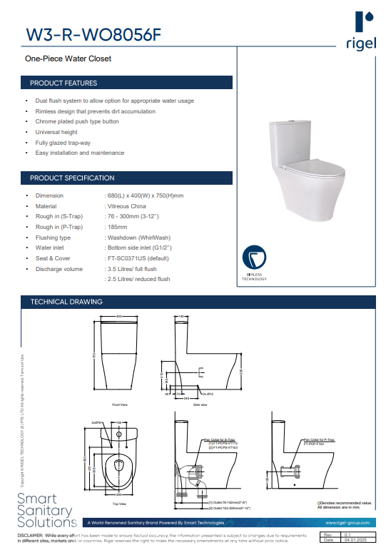 W3-R-WO8056F
One-Piece Water Closet product specifications, product features and technical drawings