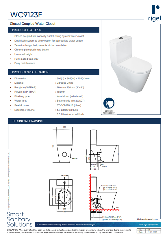 WC9123F
Closed Coupled Water Closet product descriptions and technical drawings