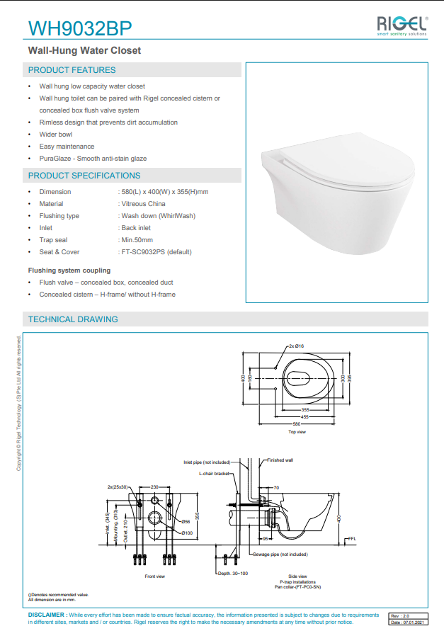 WH9032BP Wall-Hung Water Closet product features, product specifications, technical drawings.