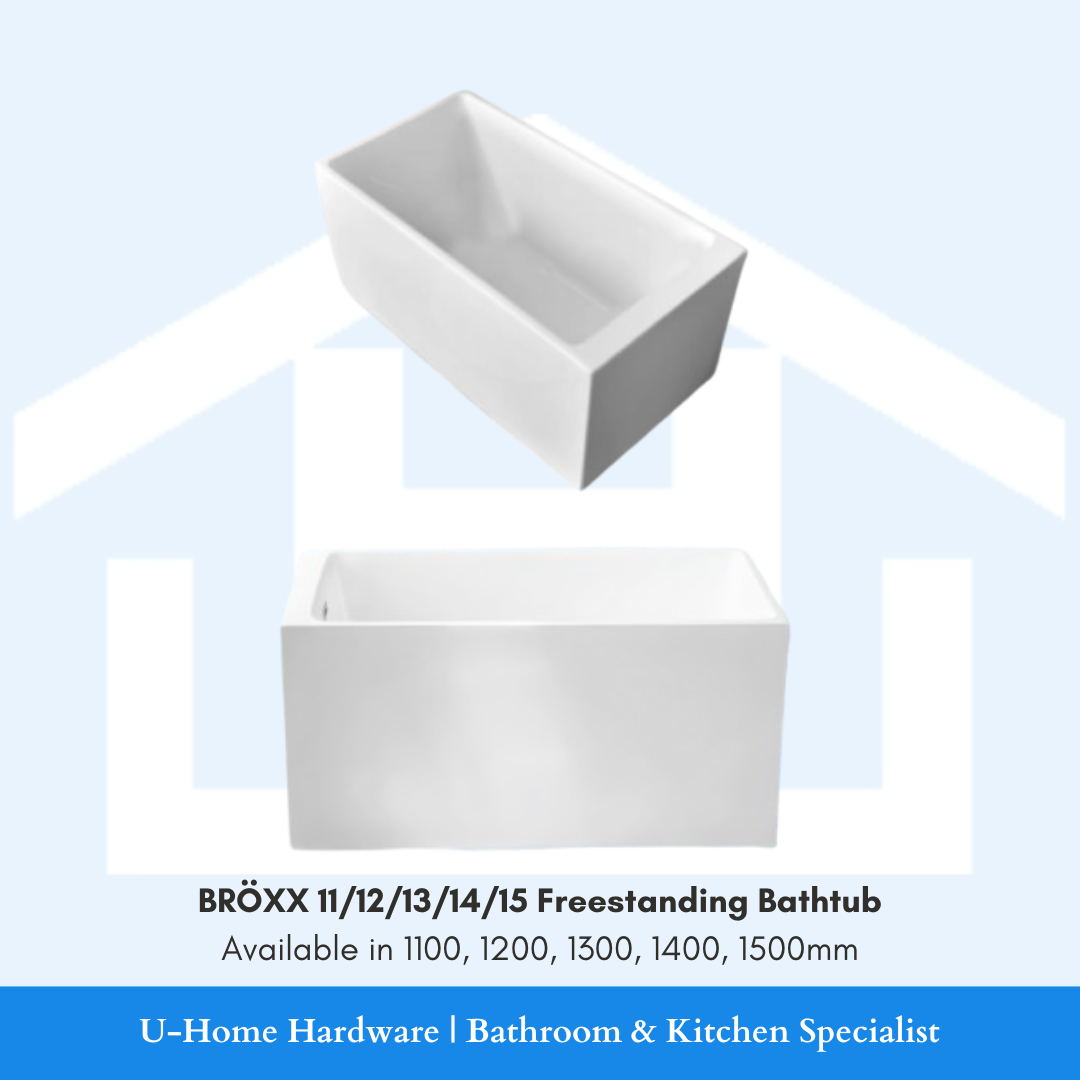 White freestanding bathtub with dimensions on a light blue background