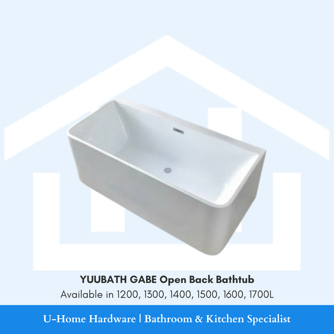 White open back bathtub with dimensions on a light blue background
