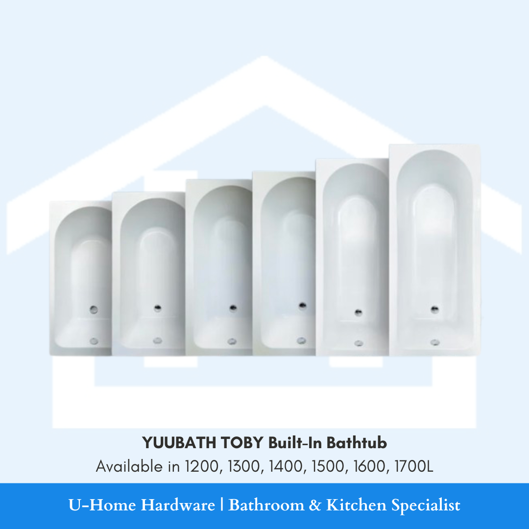 YUUBATH TOBY Built-In Bathtub with different dimensions on a light blue background