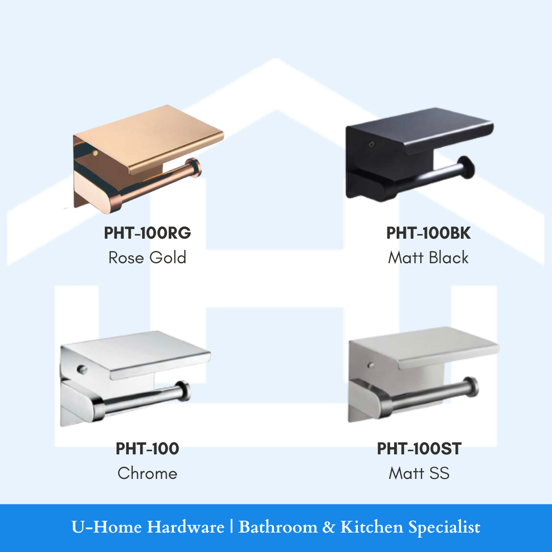 An image showcasing different finishings of the ZAFFIRO PHT-100 Paper Holder. Top left is Rose Gold, Top right is Matt Black, Bottom left is Chrome, and Bottom right is Matt SS.