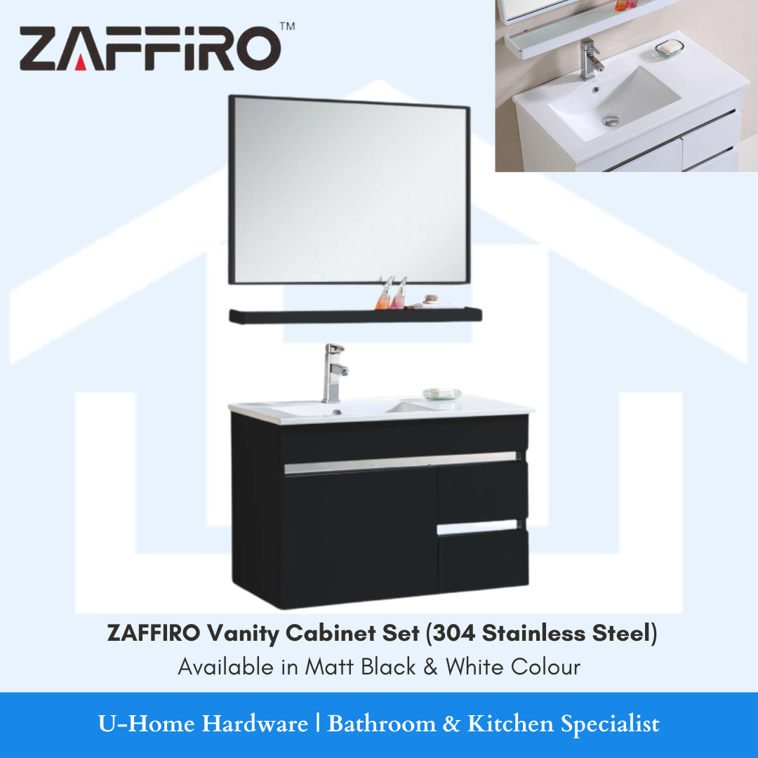 ZAFFIRO 80cm white stainless steel vanity basin cabinet set (PHT-8186W-80), featuring a wall-mounted moisture-resistant cabinet, integrated ceramic basin, and a matching rectangular mirror.