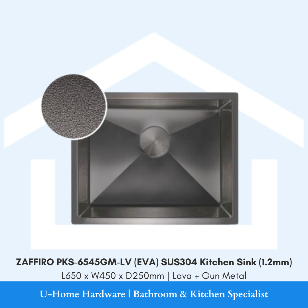 Detailed top view of the ZAFFIRO PKS-6545GM-LV sink showing the L650 x W450 x D250mm dimensions and dark metallic Lava texture.