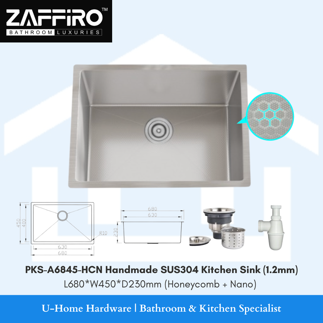 A honeycomb patterned stainless steel kitchen sink with dimensions labeled, accompanied by plumbing accessories such as a waste and trap, a bottle trap, and a plumbing diagram.