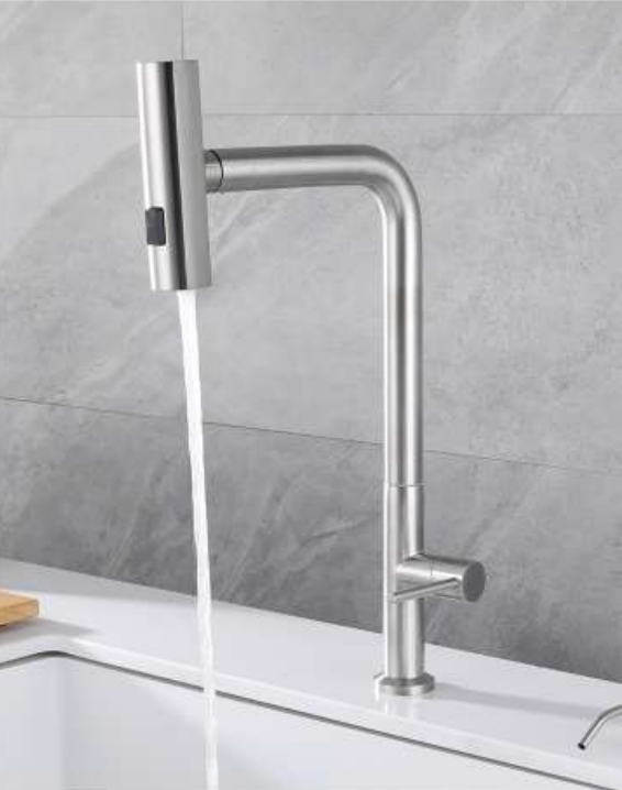 ZAFFIRO PT-514SS-T cold kitchen tap in focused stream mode, showcasing the minimalist L-shaped design and steady vertical water flow in a Matt finish.