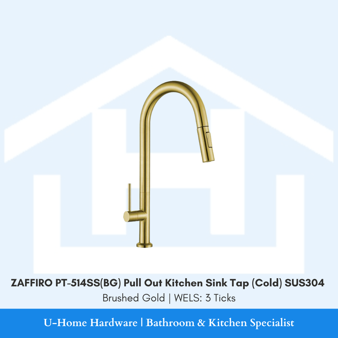 Front view of the ZAFFIRO PT-514SS(BG) Pull Out Cold Kitchen Tap in Brushed Gold, featuring a luxury matte gold finish and retractable spray head