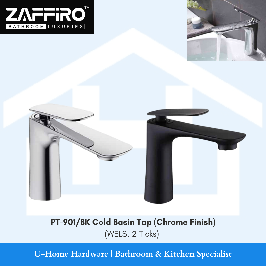 A ZAFFIRO brand basin tap with a chrome finish on the handle and a matt black finish on the spout, labeled as PT-901 / PT-901BK, presented against a bathroom backdrop. The tap is shown from a side angle to highlight its design and flow.