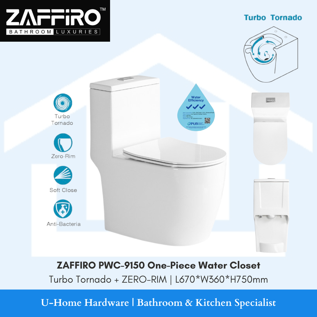 ZAFFIRO PWC-9150 One-Piece Water Closet (Turbo Tornado + ZERO-RIM