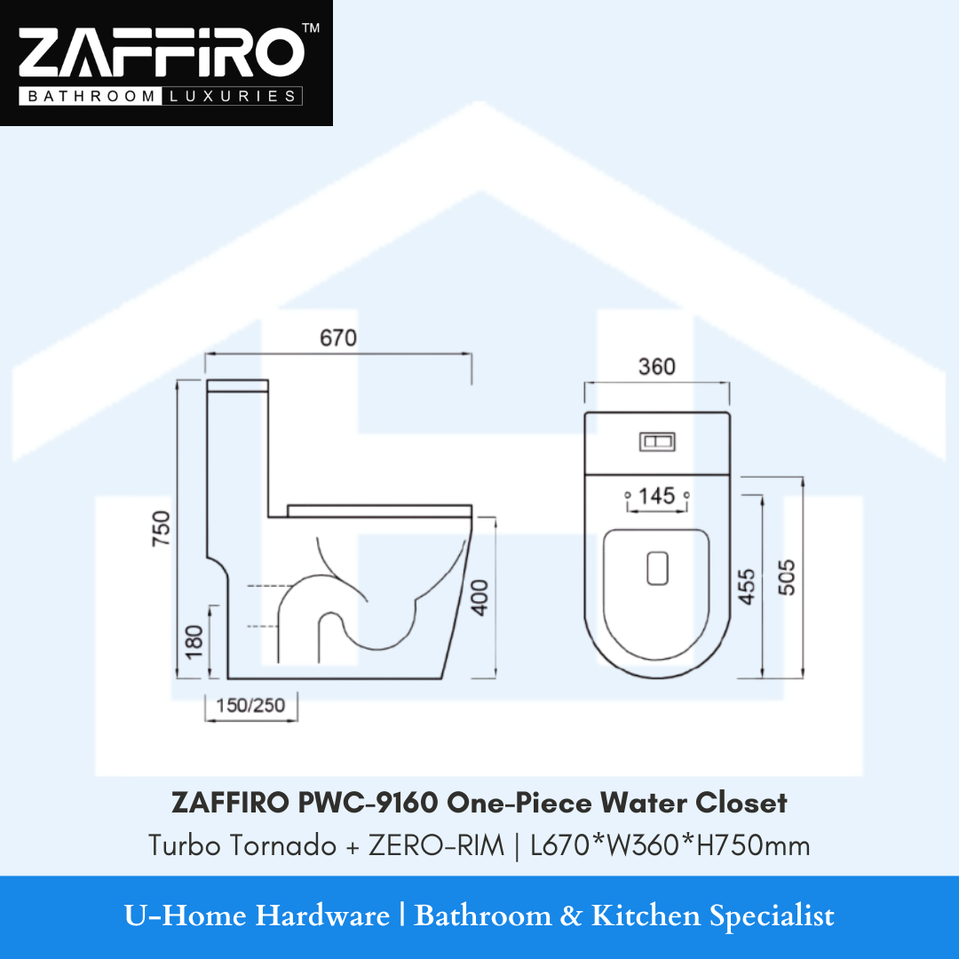 Zaffiro bathroom fixture
one piece toilet bowl
soft closing urea seat cover
turbo tornado flush
zero rim
fully covered back toilet bowl
PWC-9160