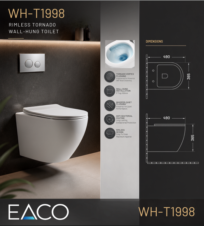 advertisement poster for wh t1998 wall hung toilet bowl for p trap in singapore. bathroom wares for BTO toilets.