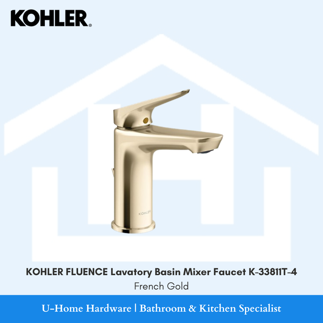 Side profile of deck-mounted KOHLER Fluence bathroom tap highlighting its sleek angular spout and smooth lever handle in radiant French Gold.