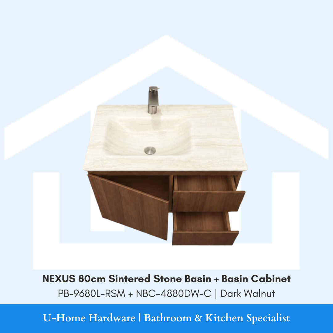NEXUS 80cm Sintered Stone Basin and Cabinet Set PB-9680L-RSM NBC-4880DW-C Dark Walnut for Singapore bathroom renovation