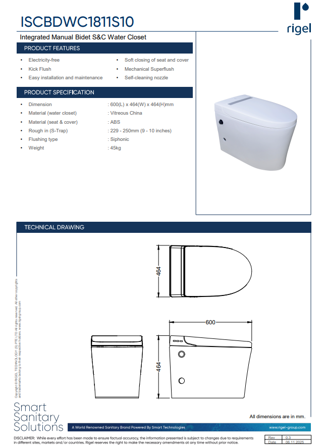 RIGEL ISCBDWC1811S10 Integrated Smart Water Closet product features, product specifications and technical drawings.