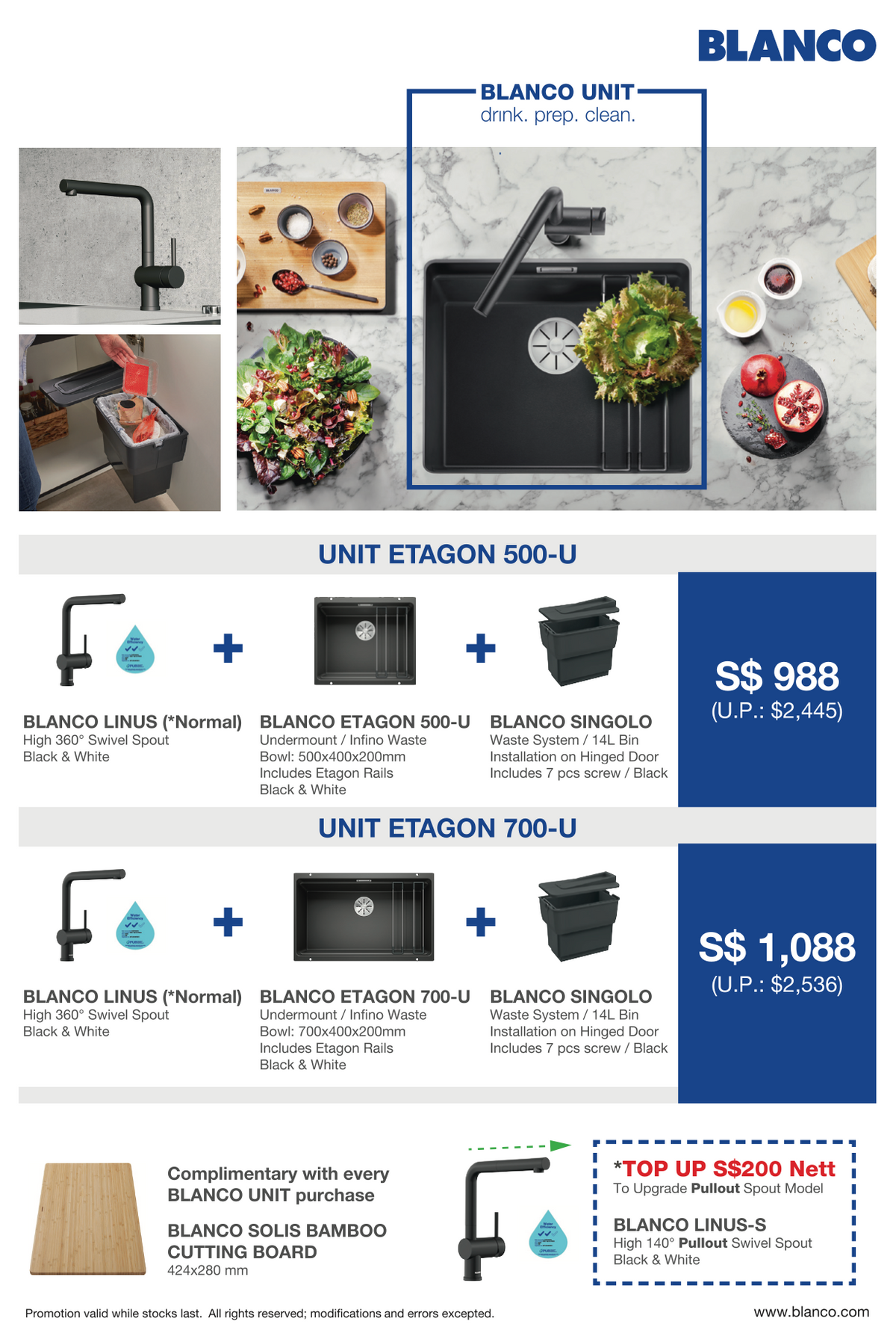 BLANCO UNIT ETAGON 500-U Undermount Kitchen Sink + Linus-S Sink Tap (Matt Black Bundle)