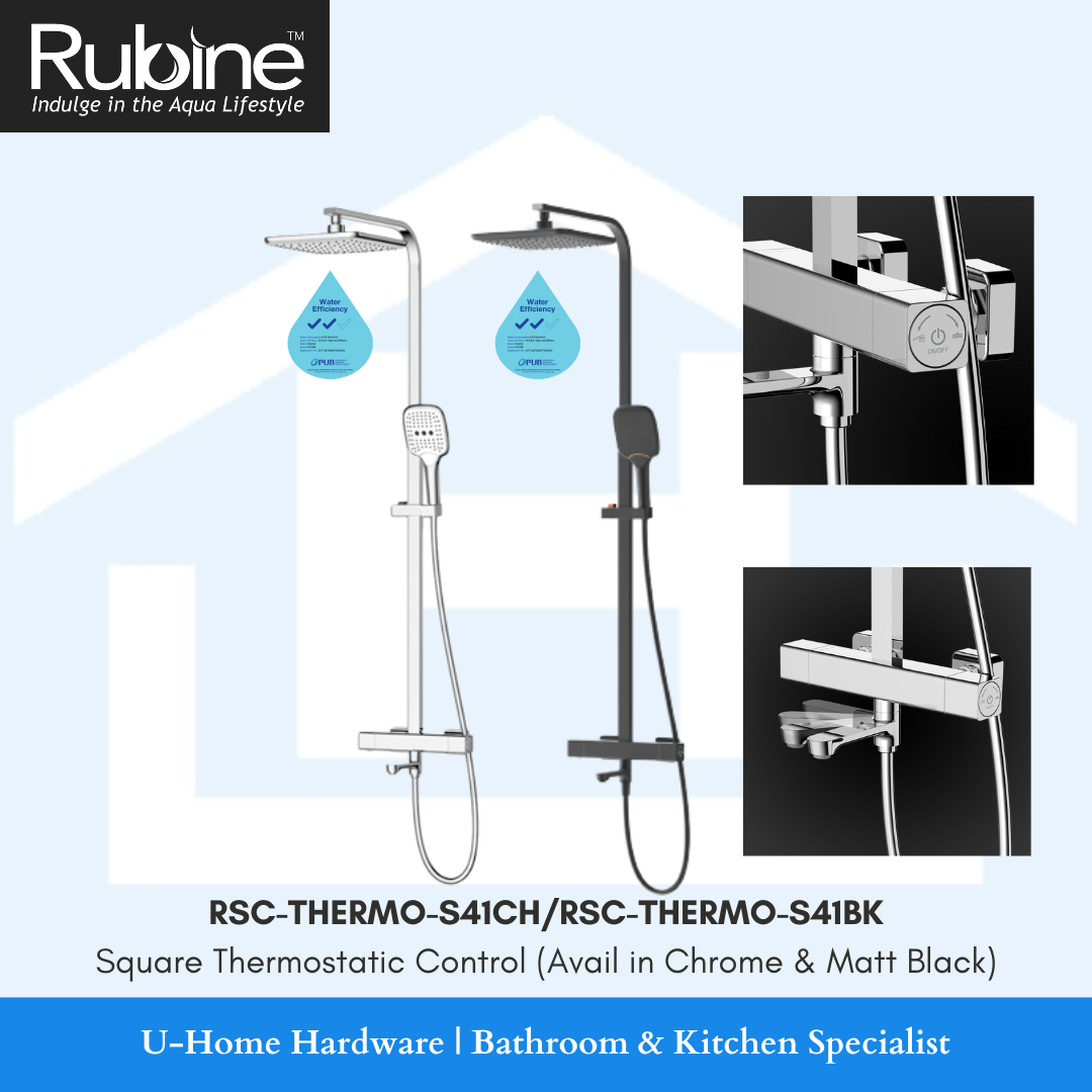 RUBINE RSC-THERMO-S41CH / RSC-THERMO-S41BK Square Thermostatic Control Rain Shower Set