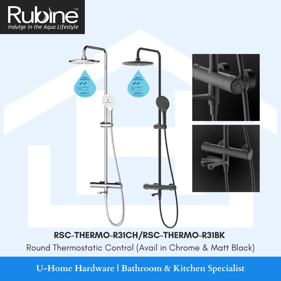 RUBINE RSC-THERMO-R31CH / RSC-THERMO-R31BK Round Thermostatic Control Rain Shower Set (Available in Chrome & Matt Black)