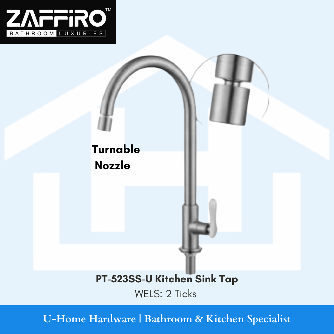 zaffiro PT-523SS-U Kitchen sink tap. kitchen sink tap. 304 stainless steel grade. sink tap replacement. sink tap replacement singapore. sink tap installation. kitchen sink tap singapore. stainless steel chrome brass finishing. chrome brass sink tap. PUB approved sink tap. turnable nozzle sink tap. leaking sink tap,