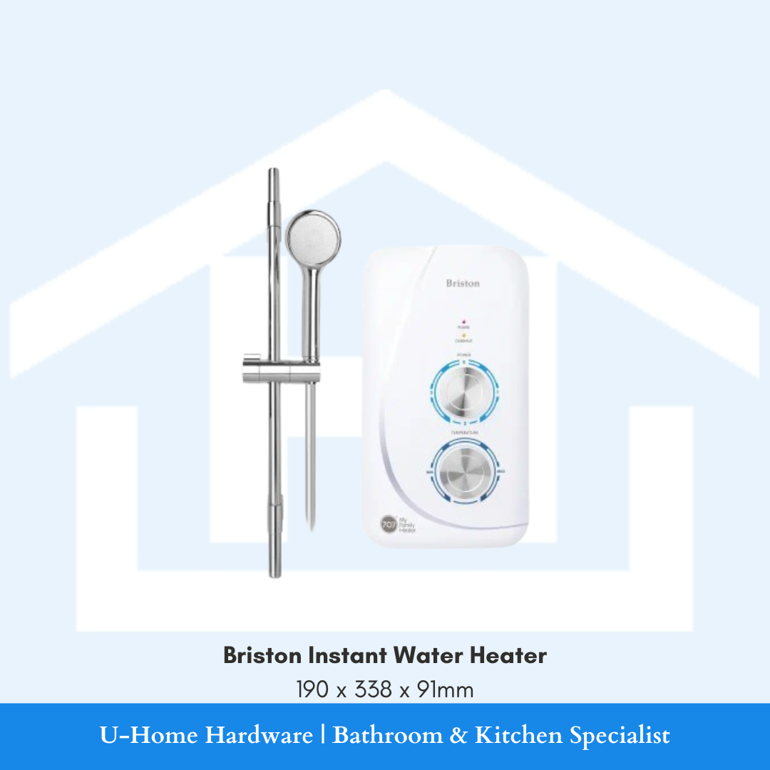 Front view of the white 707 Briston instant water heater unit measuring 190x338x91mm alongside a chrome sliding rail hand shower set.