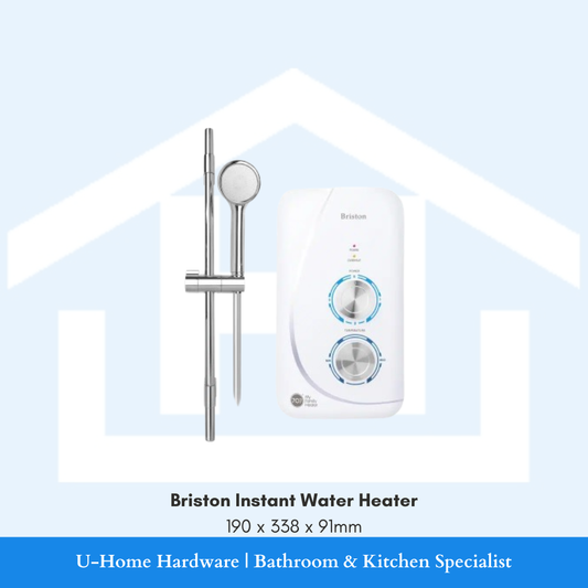 Front view of the white 707 Briston instant water heater unit measuring 190x338x91mm alongside a chrome sliding rail hand shower set.