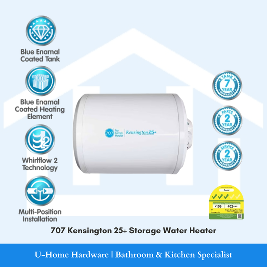 707 Kensington 25+ Electric Storage Water Heater, 25-litre horizontal wall-mounted tank for home bathrooms.