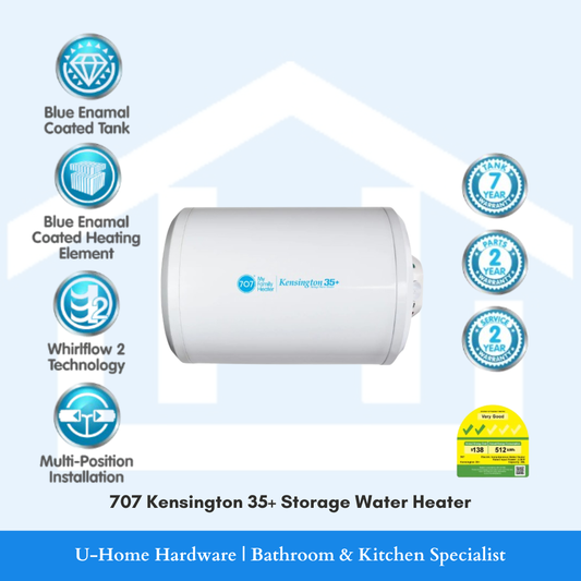 707 Kensington 35+ Electric Storage Water Heater, 35-litre horizontal wall-mounted bathroom tank.
