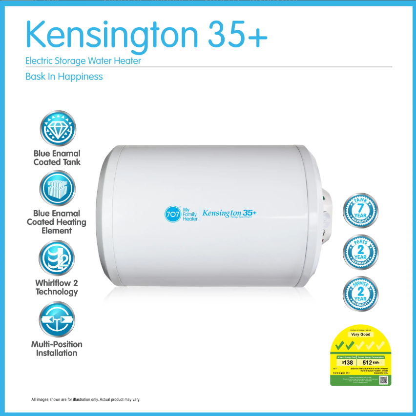 Kensington 35+ electric storage water heater on a white background with blue accents.