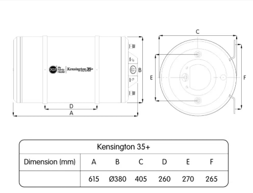 Technical drawing and dimensions of a 707 Kensington 35+ storage water heater