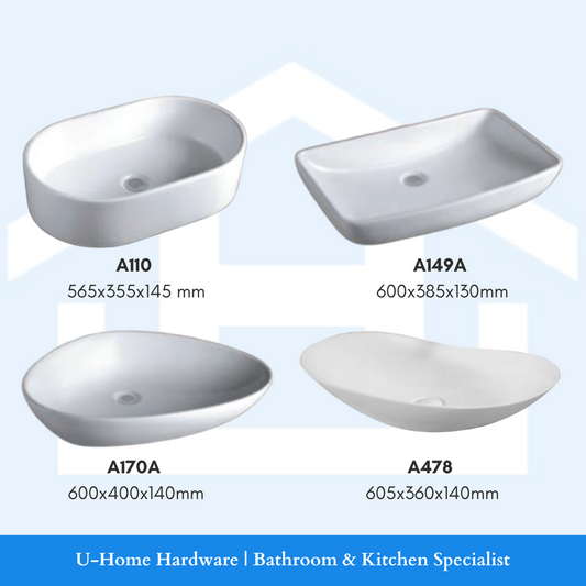Four different sizes of top mount basins in gloss white ceramic, labeled A110, A149A, A170A, and A478 with their dimensions.