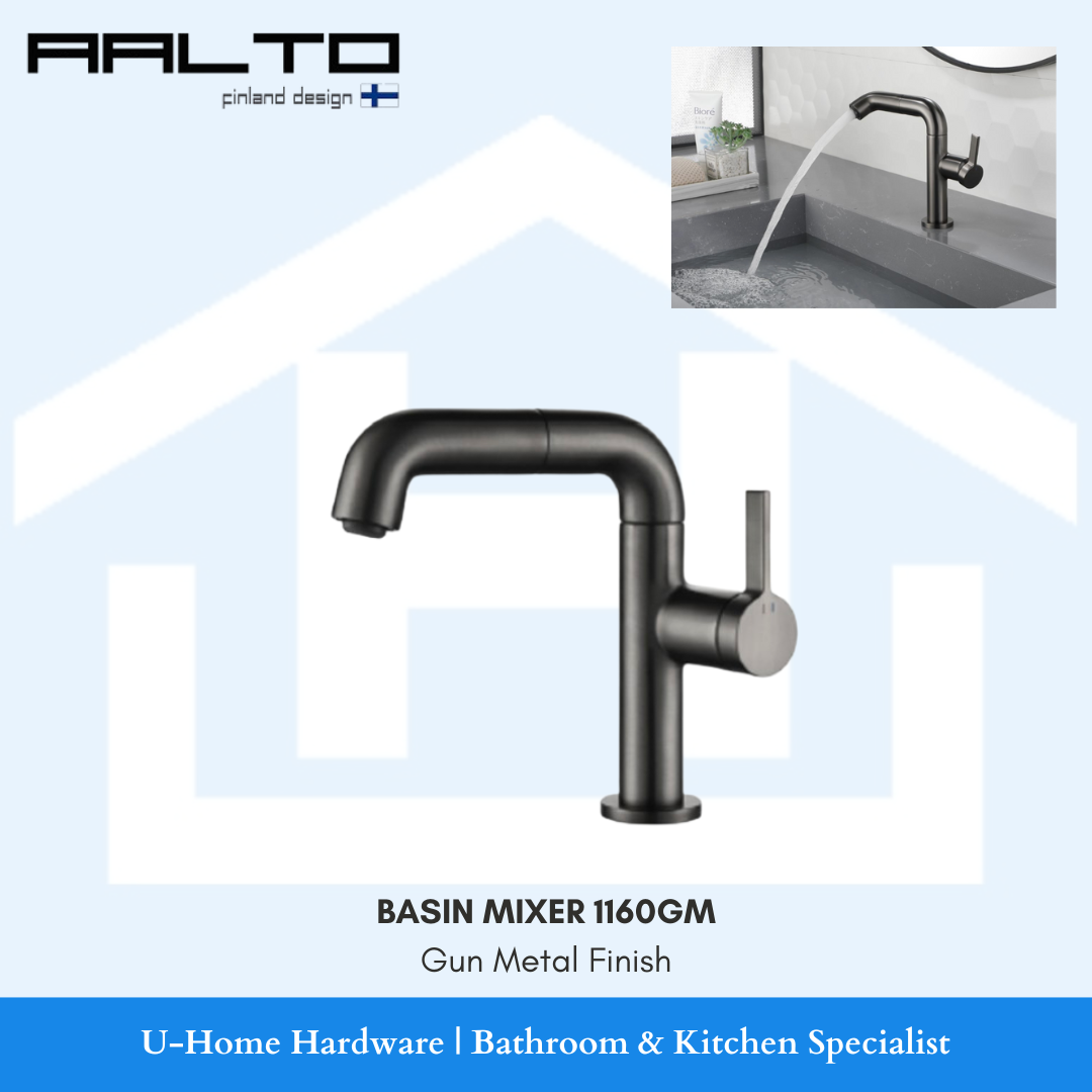 AALTO 1106GM luxury gun metal basin tap mixer, modern matte black bathroom faucet with single lever handle, premium watermark certified mixer tap for Singapore HDB and condo master bathroom renovation