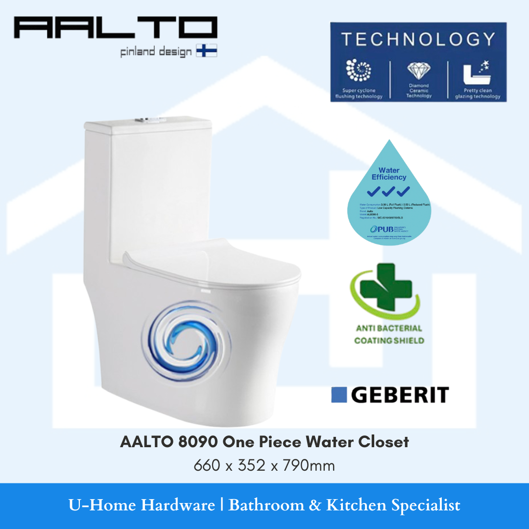 AALTO Double Vortex Water Closet AL8090 with Anti-Bacterial Coating Shield - premium PUB-approved water-efficient toilet bowl with powerful dual flushing system, rimless design for easy cleaning, 10-year warranty, ideal for Singapore HDB flats, condos, BTO and resale renovations, compliant with NEA standards, water-saving eco-friendly bathroom fixture available at authorized retailers in Singapore East, West, North, Central regions, free installation and delivery service included, suitable for modern minima