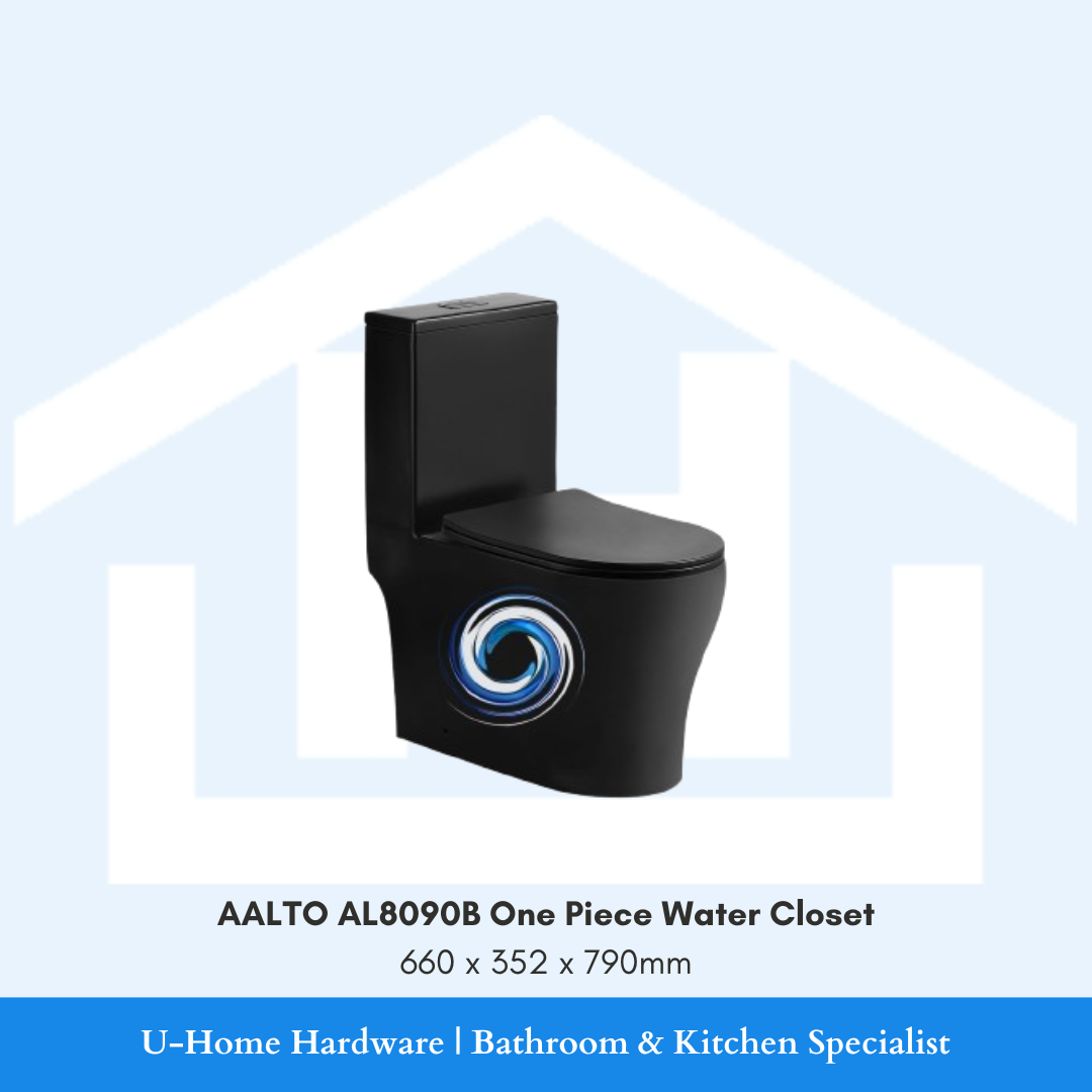 Side profile view of matte black AALTO AL8090B floor-mounted toilet.