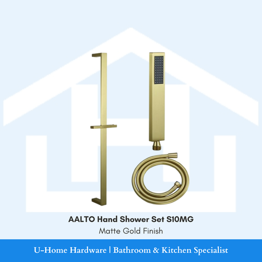 Aalto hand shower set with matte gold finish complete with shower bar and anti twist hose
