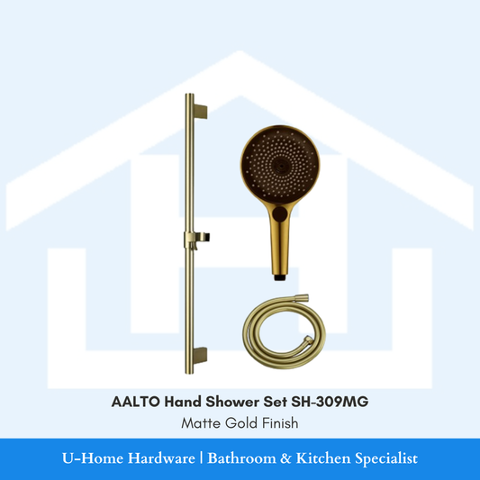 Gold hand shower set with hose labeled 'AALTO Hand Shower Set SH-309MG'.