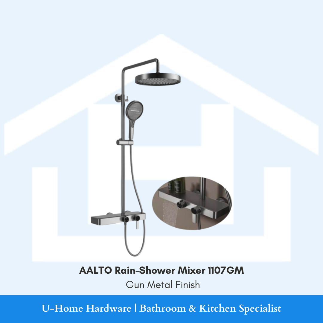 AALTO 1107GM premium rain-shower mixer set in a sophisticated Gun Metal finish.