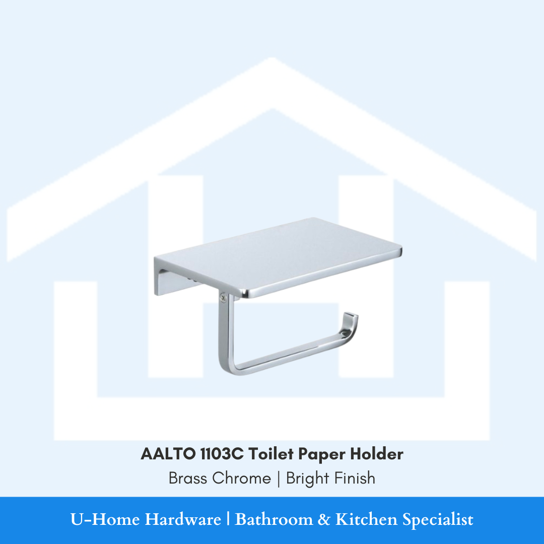 Toilet paper holder with brass chrome finish on a light blue background