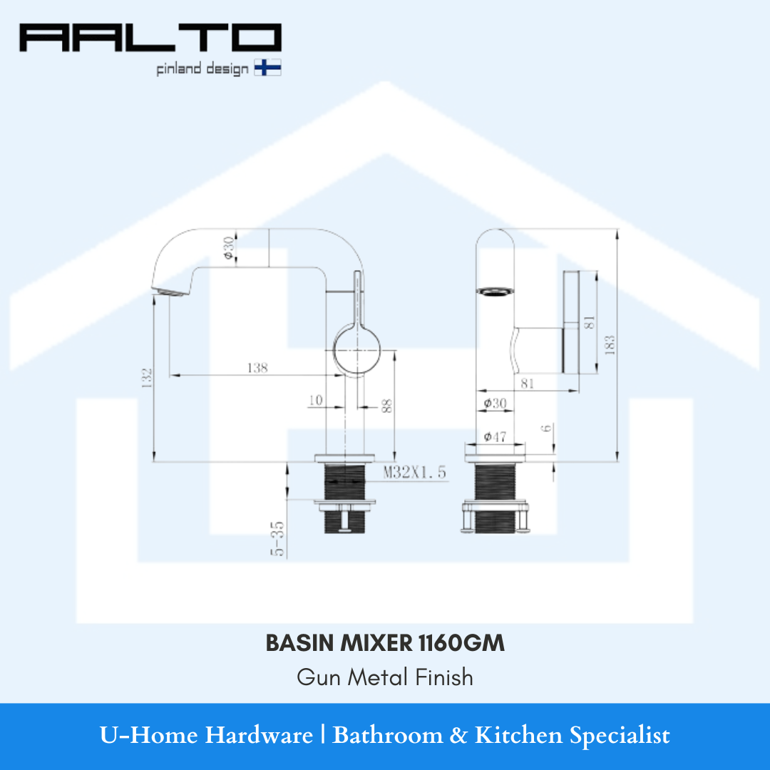 AALTO 1106GM Basin Mixer (Gun Metal Finish) measurements