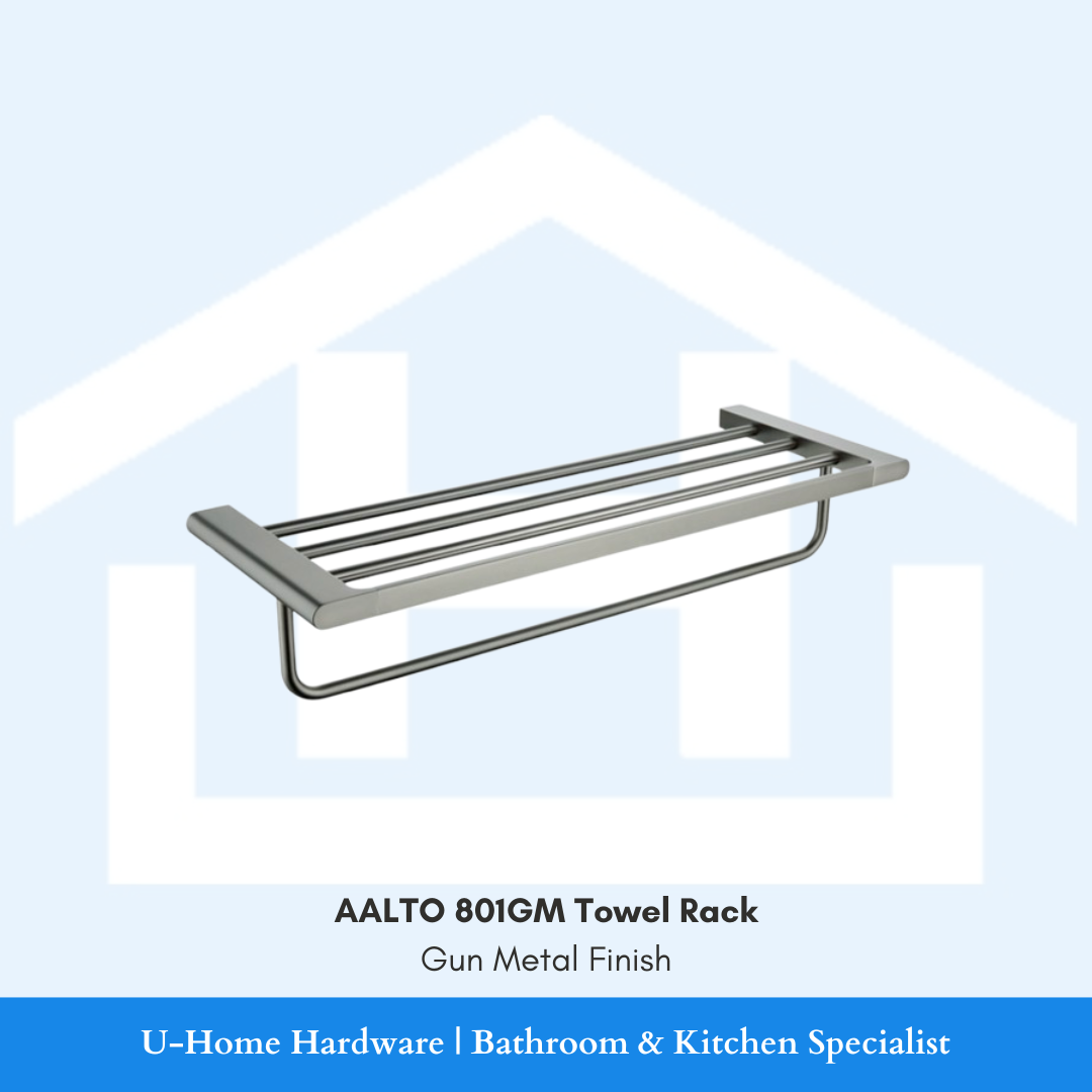 Gun metal finish towel rack with U-Home Hardware branding on a light blue background
