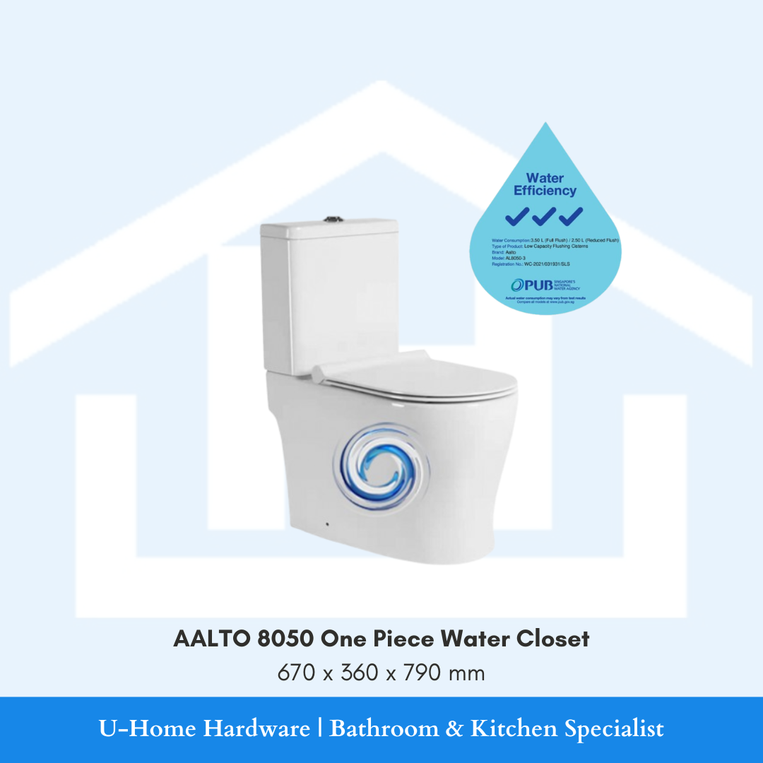 Side profile view of floor-mounted AALTO 8050 toilet bowl highlighting its 670mm length, curved comfort seat, and smooth porcelain ceramic skirt.