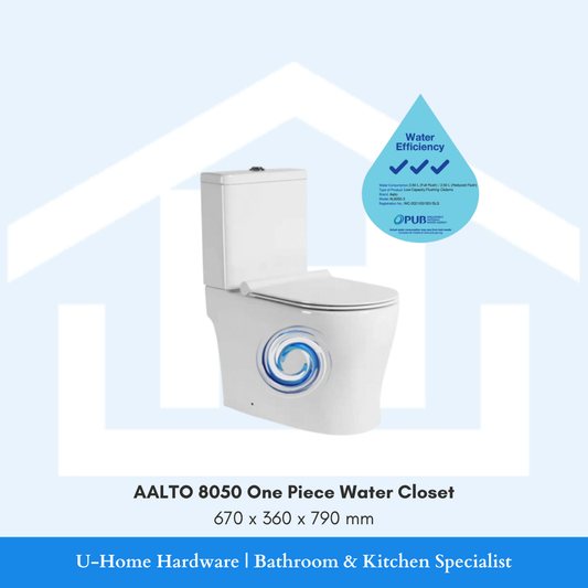 Side profile view of floor-mounted AALTO 8050 toilet bowl highlighting its 670mm length, curved comfort seat, and smooth porcelain ceramic skirt.