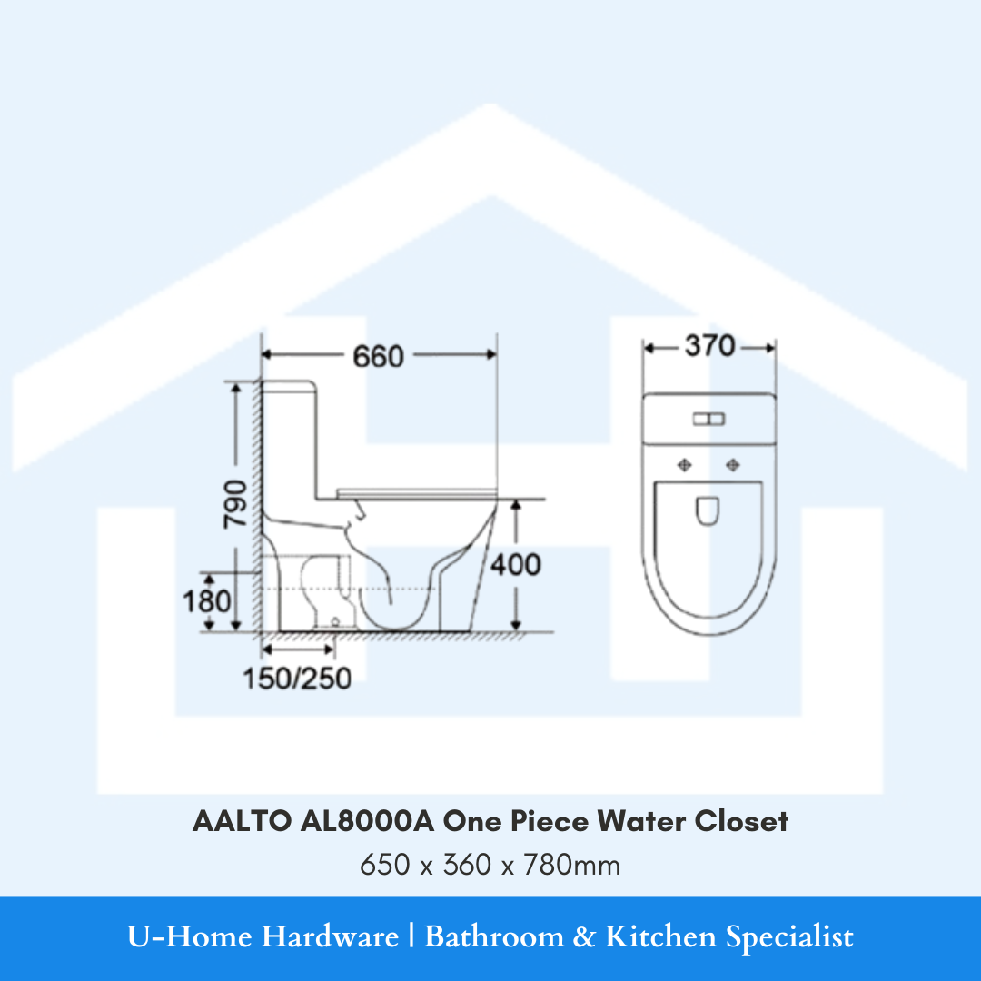 Technical drawing of a one-piece water closet with dimensions, AALTO AL8000A One Piece Water Closet.