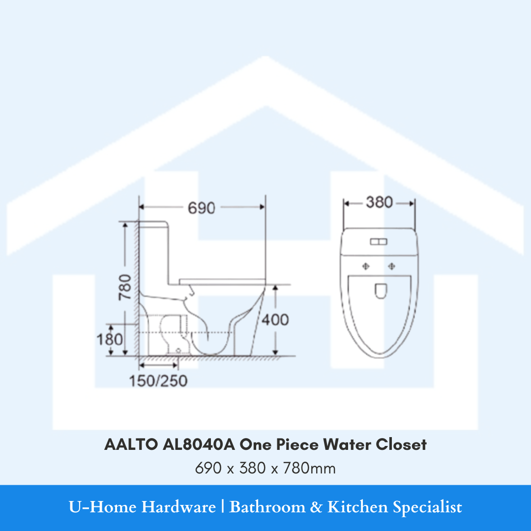 Technical drawing of a one-piece water closet with dimensions of AALTO TURBO TORNADO WATER CLOSET AL8040A.