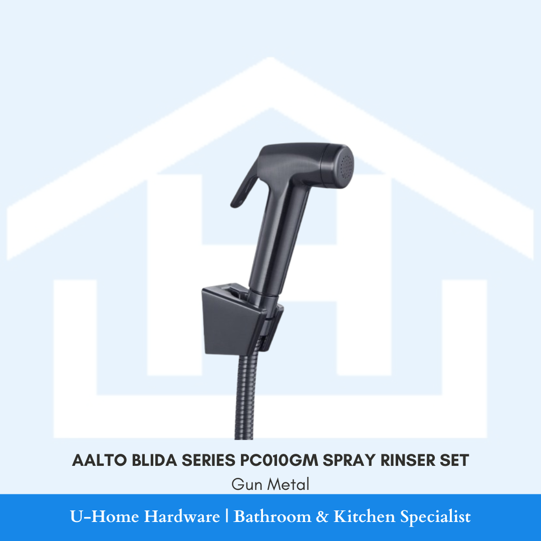 Front view of the AALTO BLIDA Series PC010GM spray rinser set in Gun Metal, featuring the handheld bidet spray head, wall-mounted bracket, and matching hose.